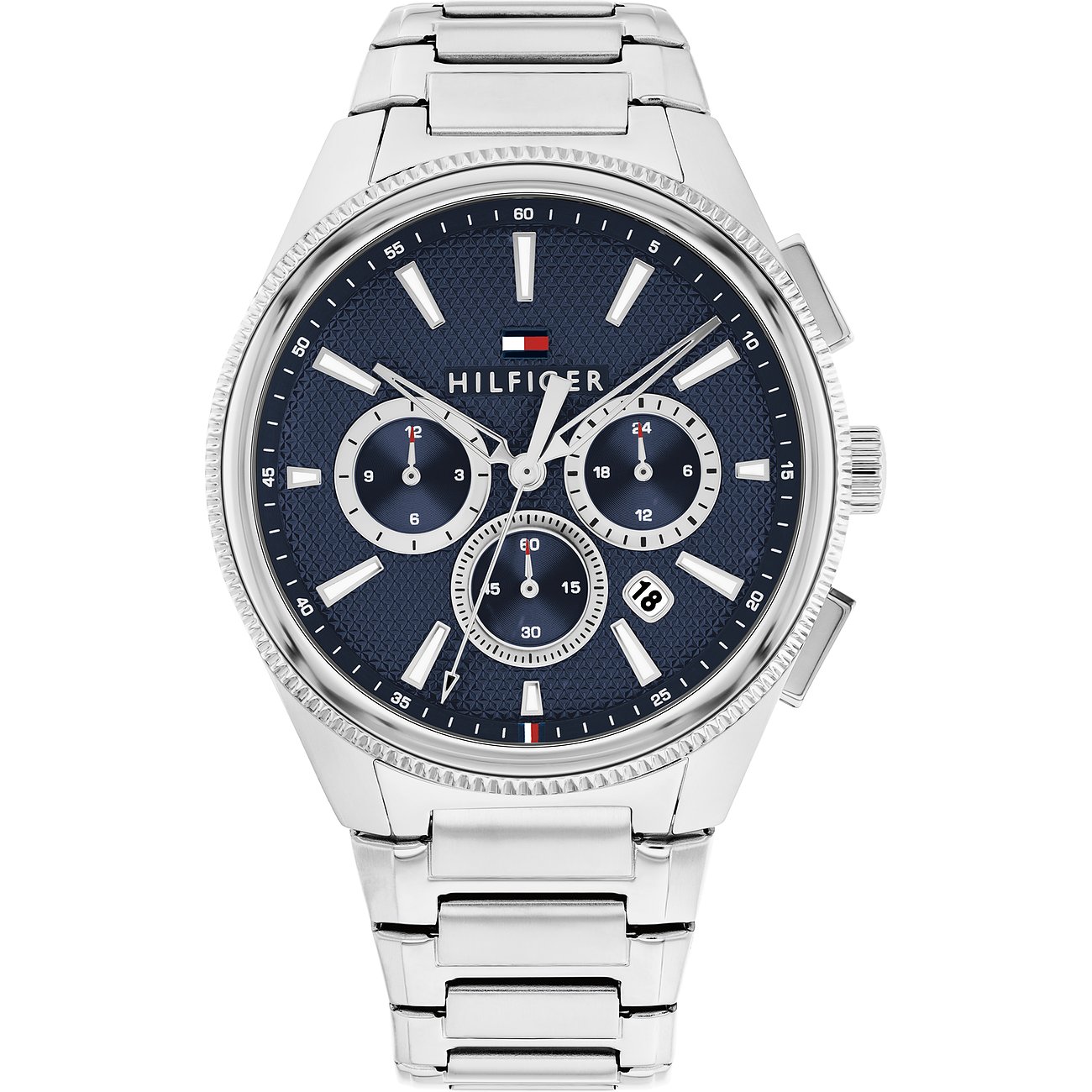 Eine Tommy Hilfiger Herrenuhr aus Edelstahl mit blauem Zifferblatt und Chronographenfunktionen, frontal aufgenommen.