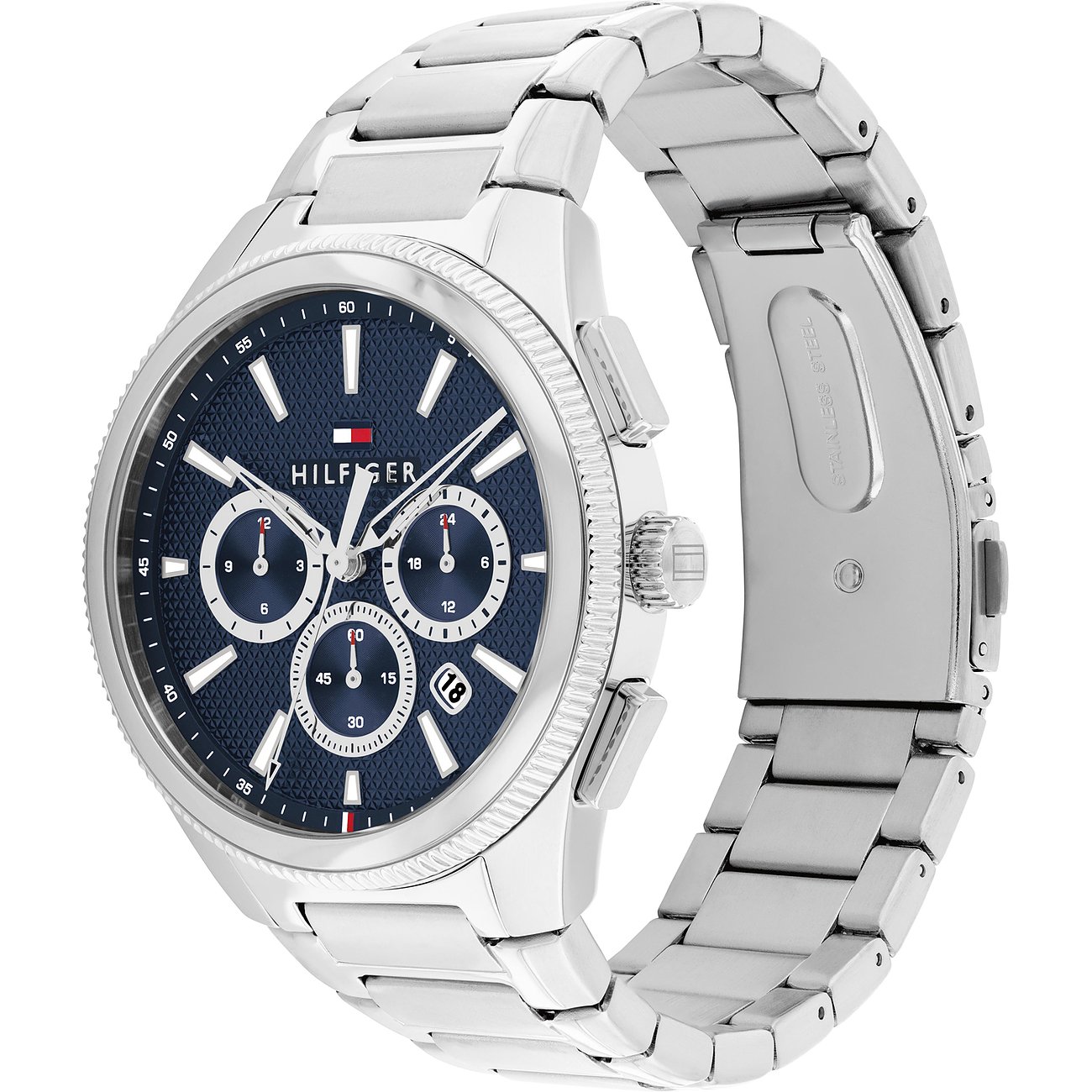 Die Tommy Hilfiger Herrenuhr aus Edelstahl zeigt ein dunkelblaues Zifferblatt mit drei Chronographen-Zählern.