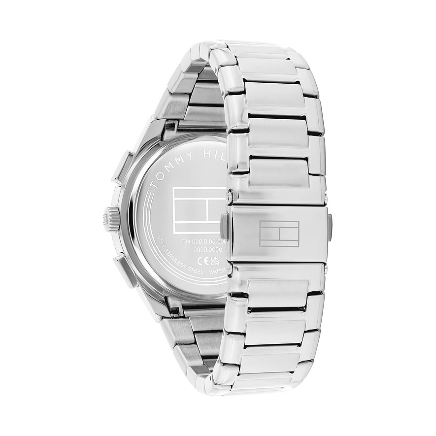 Rückseite einer Tommy Hilfiger Herrenuhr aus Edelstahl, zeigt das Markenlogo und Gravuren auf dem Gehäuse.