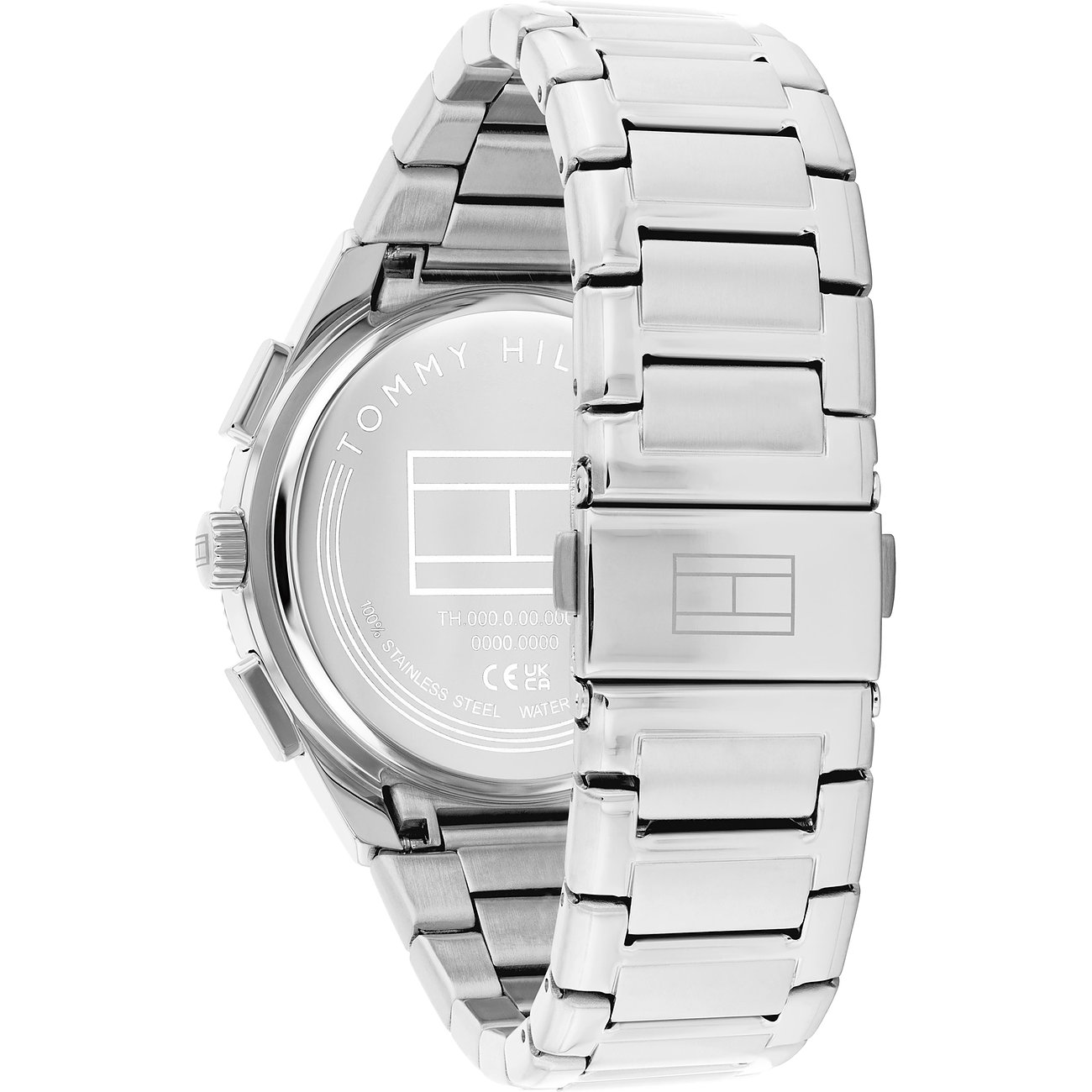 Rückseite einer Tommy Hilfiger Herrenuhr aus Edelstahl, zeigt das Markenlogo und Gravuren auf dem Gehäuse.