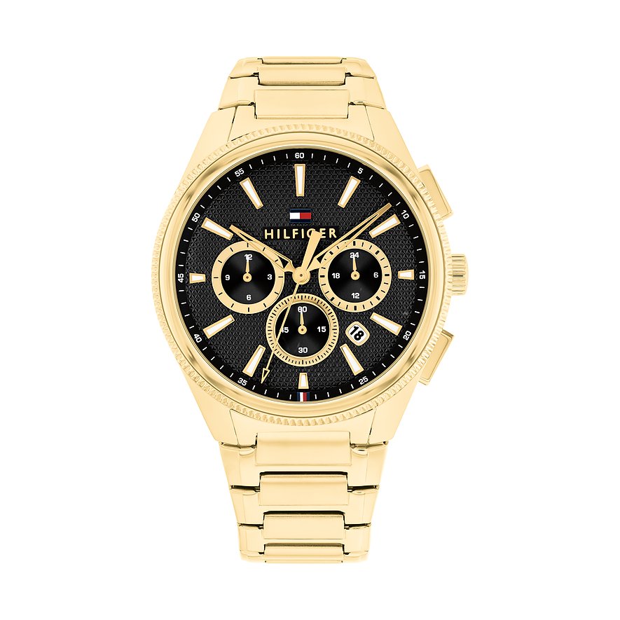 Tommy Hilfiger Herrenuhr aus goldfarbenem Edelstahl mit schwarzem Zifferblatt und Chronographenfunktionen.