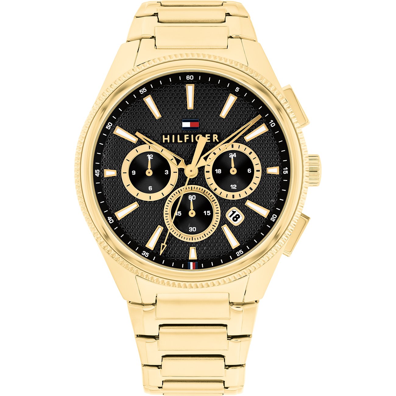 Tommy Hilfiger Herrenuhr aus goldfarbenem Edelstahl mit schwarzem Zifferblatt und Chronographenfunktionen.