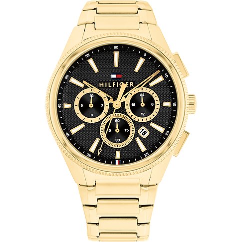 Tommy Hilfiger Herrenuhr aus goldfarbenem Edelstahl mit schwarzem Zifferblatt und Chronographenfunktionen.
