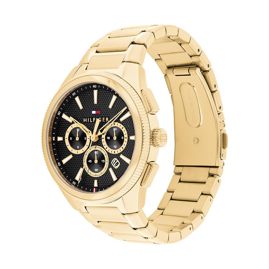 Eine goldfarbene Tommy Hilfiger Herrenuhr aus Edelstahl mit schwarzem Zifferblatt und Chronographenfunktionen.