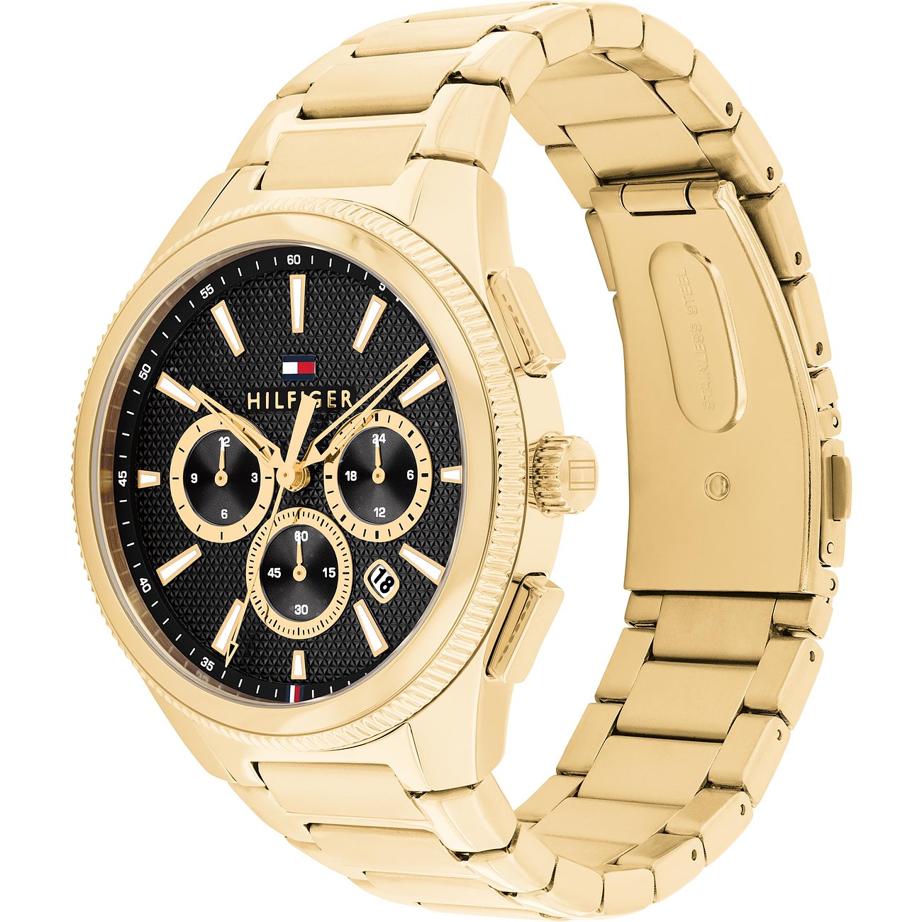 Eine goldfarbene Tommy Hilfiger Herrenuhr aus Edelstahl mit schwarzem Zifferblatt und Chronographenfunktionen.