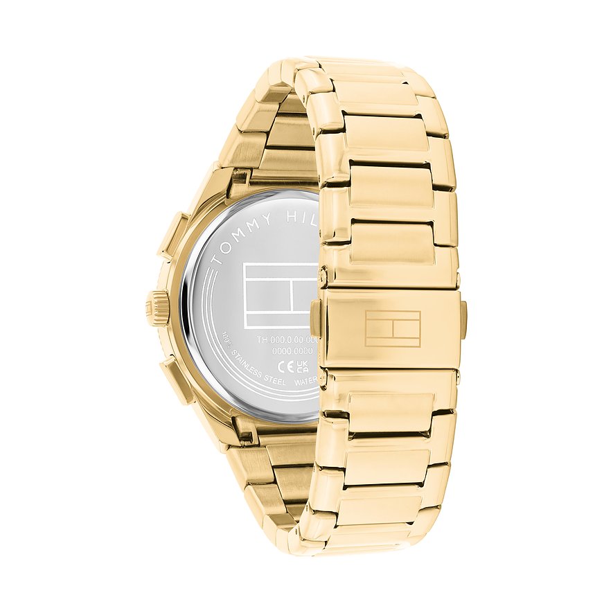 Die Rückseite einer goldenen Tommy Hilfiger Herrenuhr aus Edelstahl, die das Zifferblatt teilweise verdeckt.
