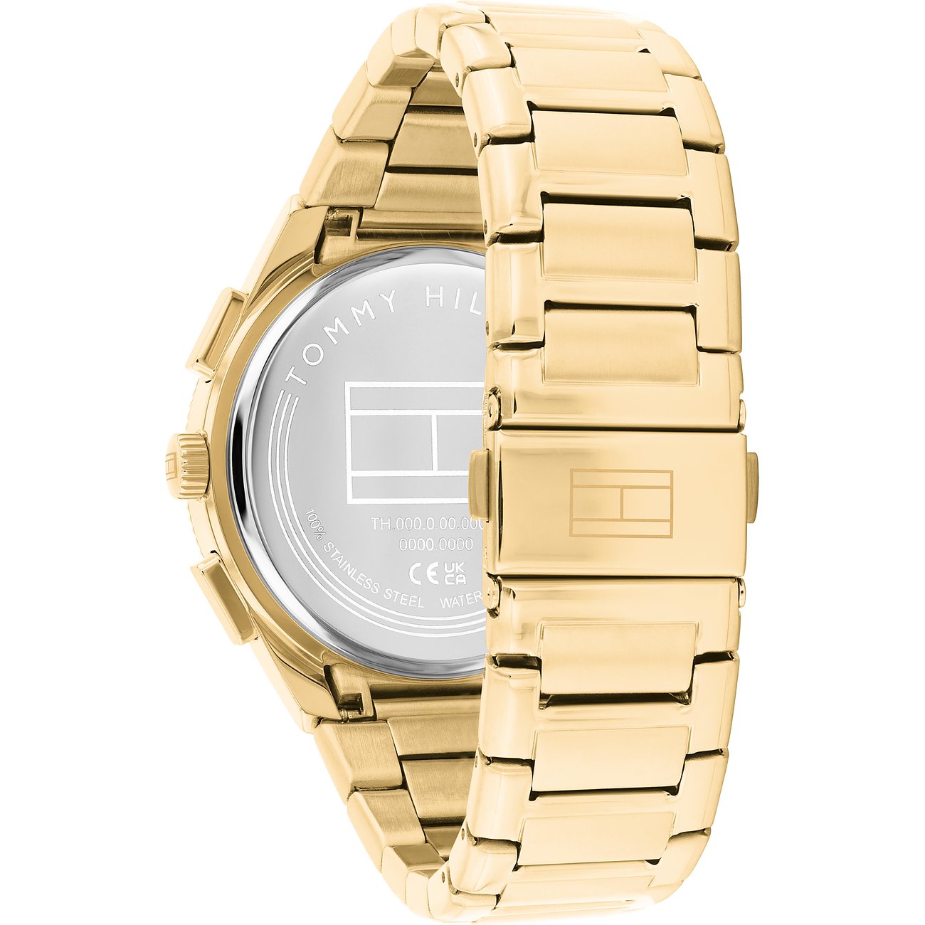 Die Rückseite einer goldenen Tommy Hilfiger Herrenuhr aus Edelstahl, die das Zifferblatt teilweise verdeckt.