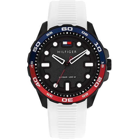 Tommy Hilfiger Herrenuhr aus Edelstahl und Aluminium mit weißem Armband, schwarzem Zifferblatt und roten und blauen Akzenten.