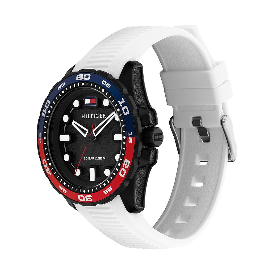 Het Tommy Hilfiger herenhorloge heeft een zwarte wijzerplaat, een blauw-rode lunette en een witte aluminium band.