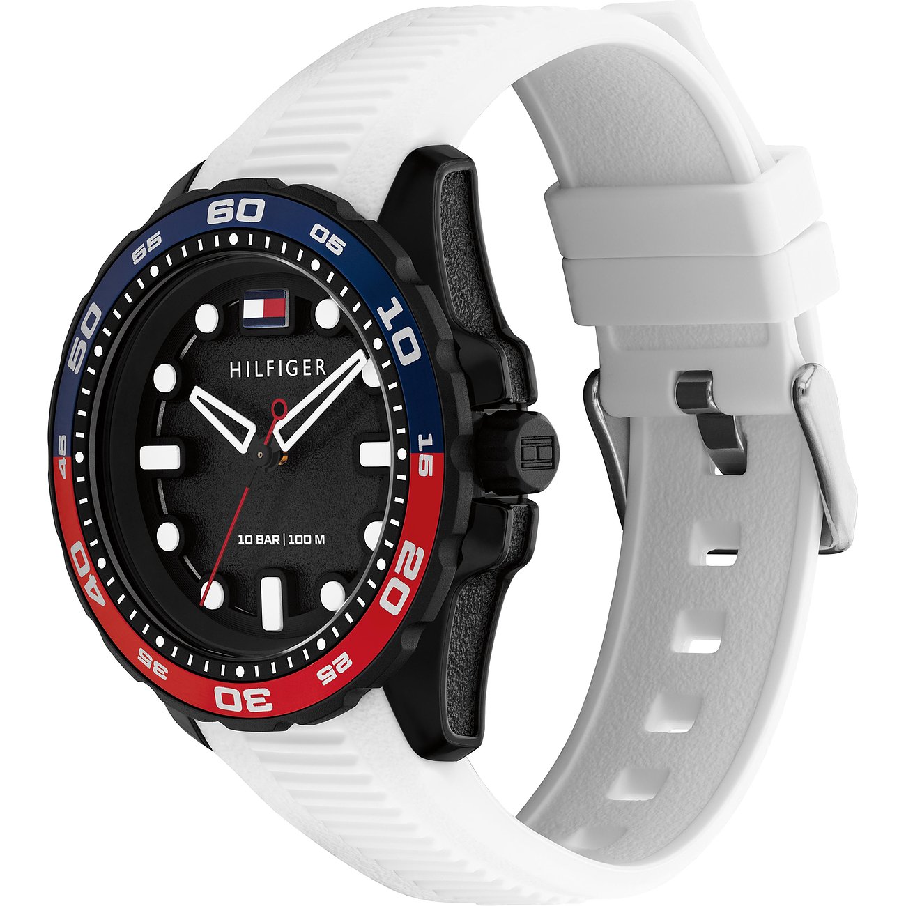 Het Tommy Hilfiger herenhorloge heeft een zwarte wijzerplaat, een blauw-rode lunette en een witte aluminium band.