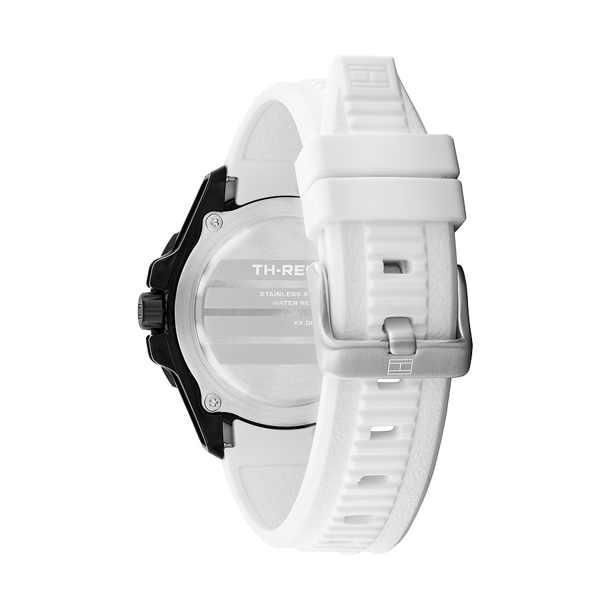 Achteraanzicht van het Tommy Hilfiger herenhorloge met witte aluminium band en roestvrijstalen achterkant.