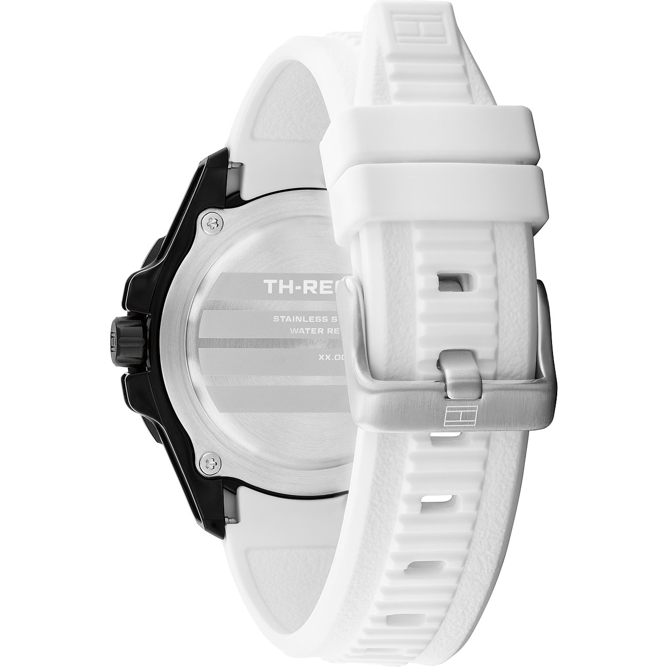Achteraanzicht van het Tommy Hilfiger herenhorloge met witte aluminium band en roestvrijstalen achterkant.