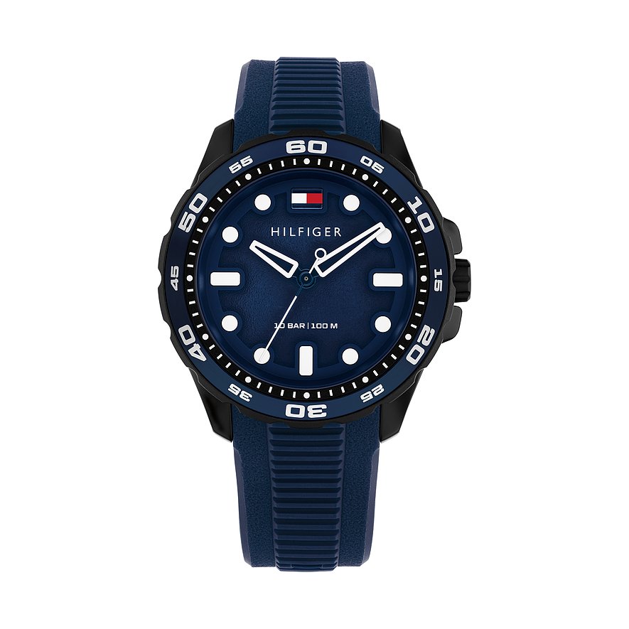 Tommy Hilfiger Herrenuhr aus blauem Aluminium und Edelstahl, Ansicht von vorne.