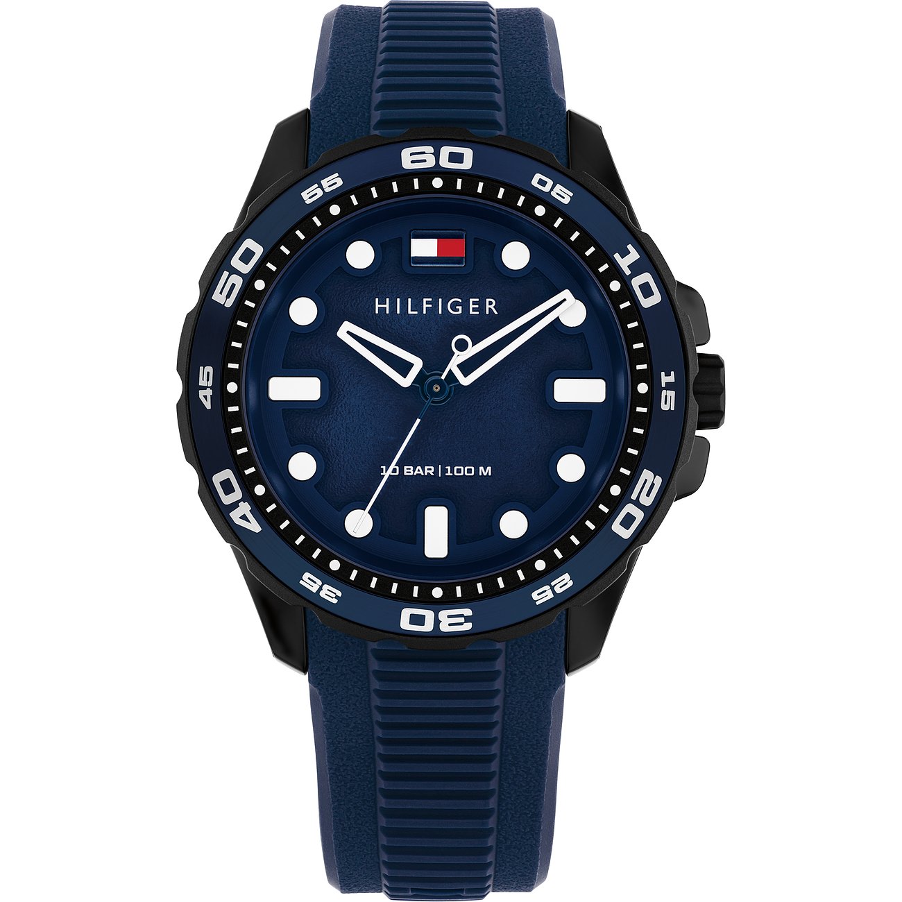 Tommy Hilfiger Herrenuhr aus blauem Aluminium und Edelstahl, Ansicht von vorne.