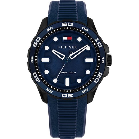 Tommy Hilfiger Herrenuhr aus blauem Aluminium und Edelstahl, Ansicht von vorne.
