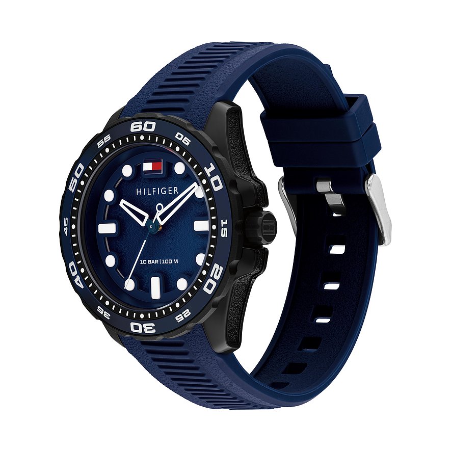 Tommy Hilfiger Herrenuhr aus blauem Aluminium und Edelstahl, seitlich von oben gesehen.