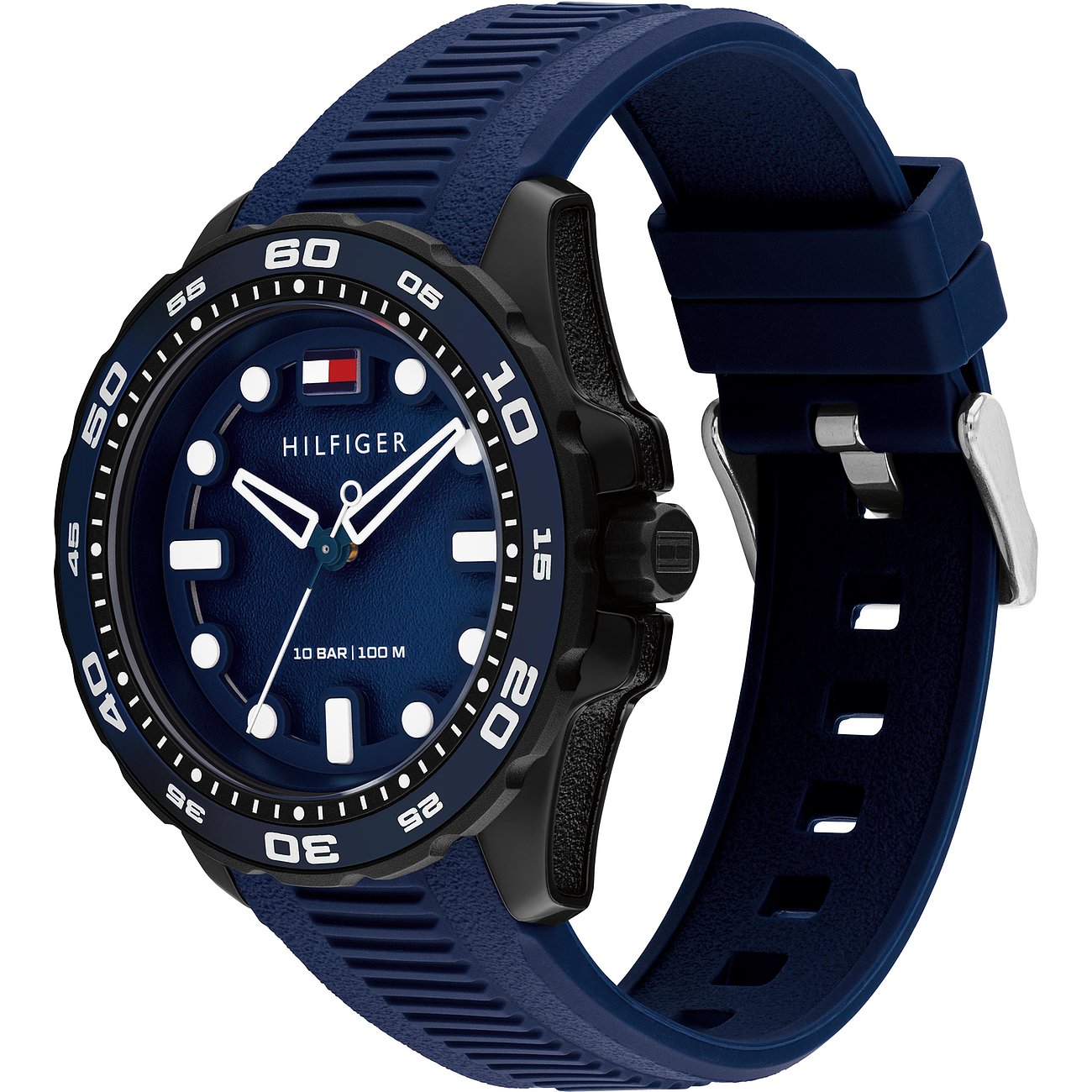 Tommy Hilfiger Herrenuhr aus blauem Aluminium und Edelstahl, seitlich von oben gesehen.