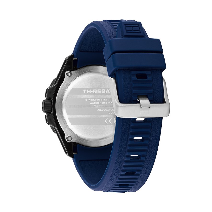 Rückansicht der Tommy Hilfiger Herrenuhr aus Edelstahl und Aluminium mit blauem Silikonarmband und silberfarbenem Verschluss.
