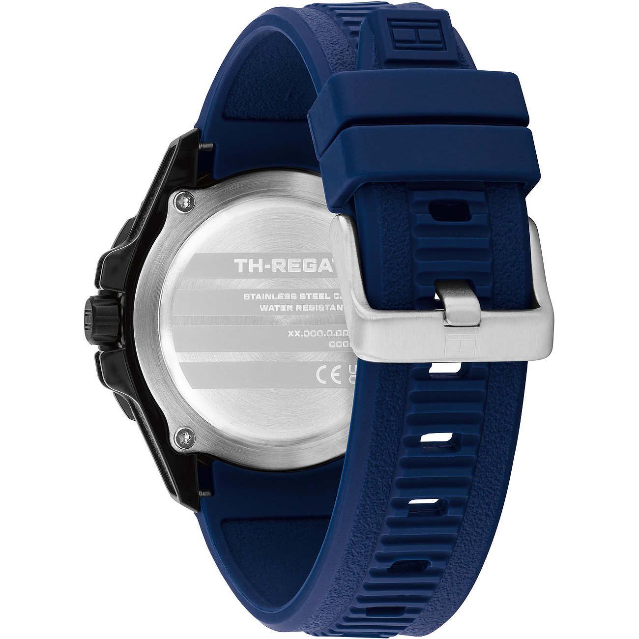 Rückansicht der Tommy Hilfiger Herrenuhr aus Edelstahl und Aluminium mit blauem Silikonarmband und silberfarbenem Verschluss.