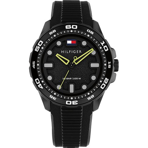 Eine schwarze Tommy Hilfiger Herrenuhr aus Edelstahl und Aluminium mit gelben Zeigern von vorne.