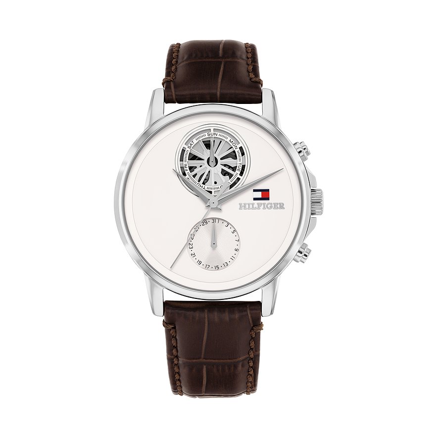 Tommy Hilfiger Herrenuhr aus Edelstahl: weißes Zifferblatt, Tag-/Datumsanzeige, braunes Lederarmband.
