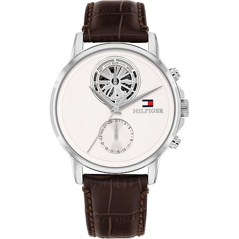 Tommy Hilfiger Herrenuhr aus Edelstahl: weißes Zifferblatt, Tag-/Datumsanzeige, braunes Lederarmband.