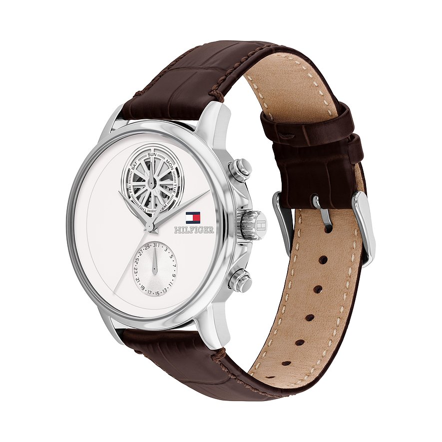 Tommy Hilfiger Herrenuhr aus Edelstahl mit weißem Zifferblatt und kreisrunder Wochentagsanzeige, Frontansicht.