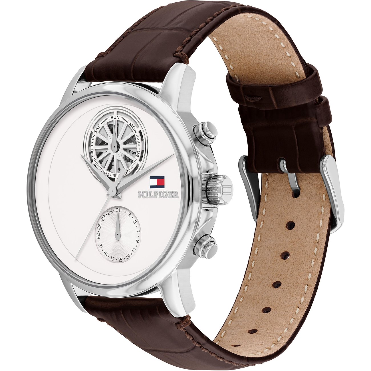 Tommy Hilfiger Herrenuhr aus Edelstahl mit weißem Zifferblatt und kreisrunder Wochentagsanzeige, Frontansicht.