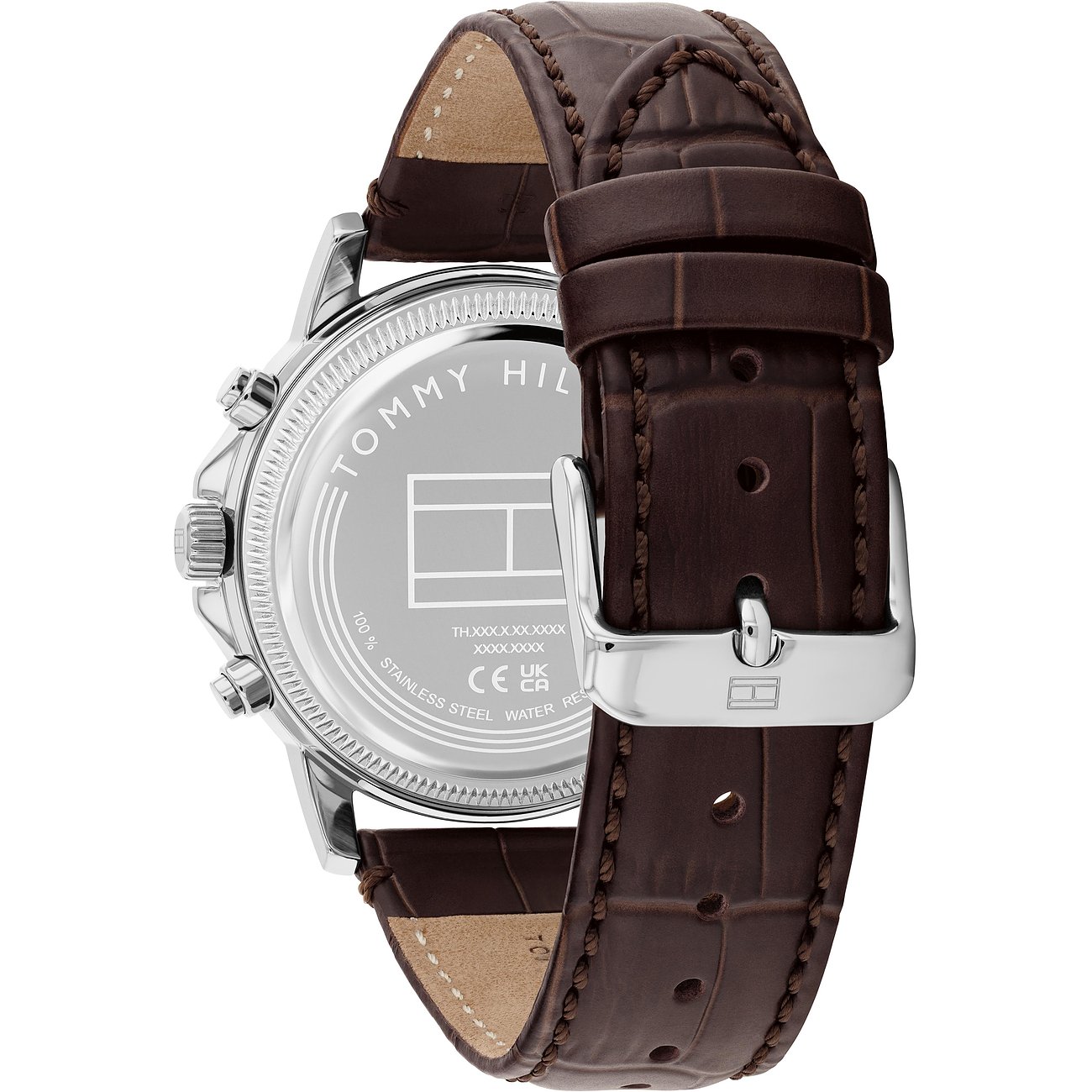 Rückansicht einer Tommy Hilfiger Herrenuhr aus blauem Edelstahl mit braunem krokoähnlichem Lederarmband.