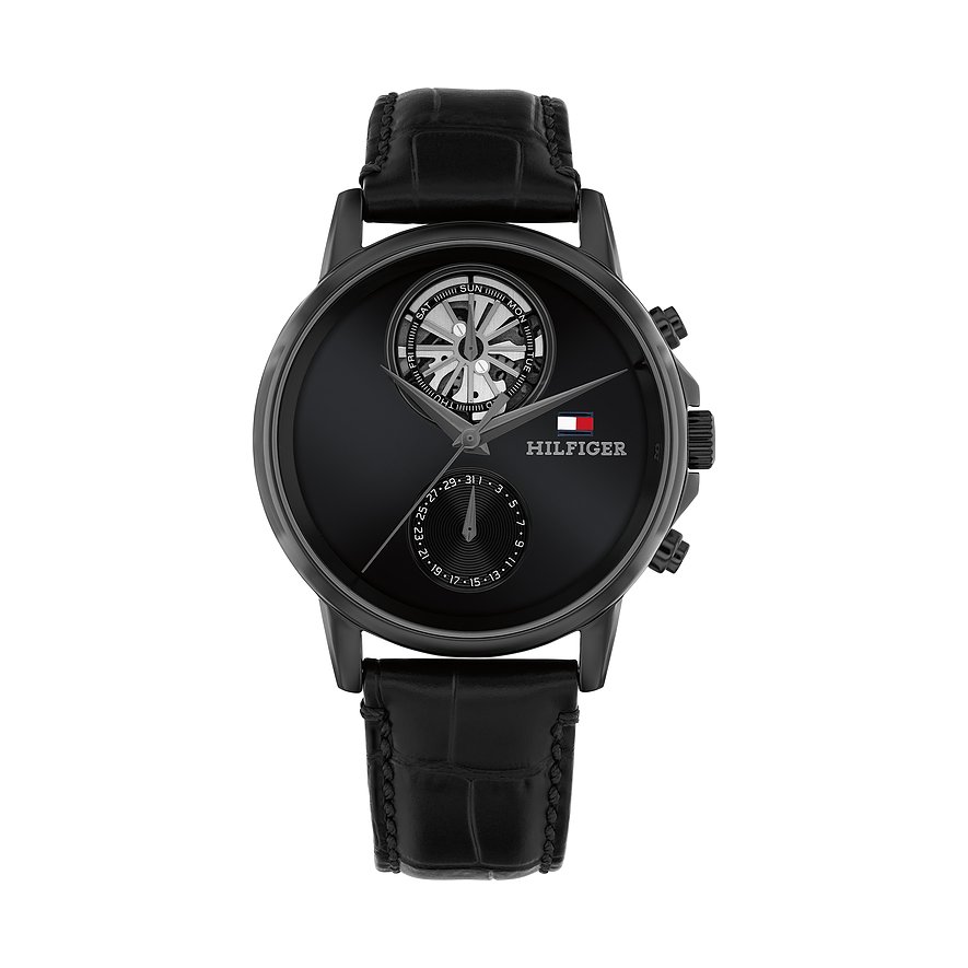 Eine schwarze Tommy Hilfiger Herrenuhr aus Edelstahl mit krokodillederähnlichem Armband und komplexem Zifferblatt.