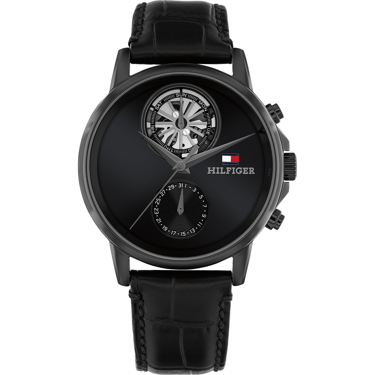 Eine schwarze Tommy Hilfiger Herrenuhr aus Edelstahl mit krokodillederähnlichem Armband und komplexem Zifferblatt.