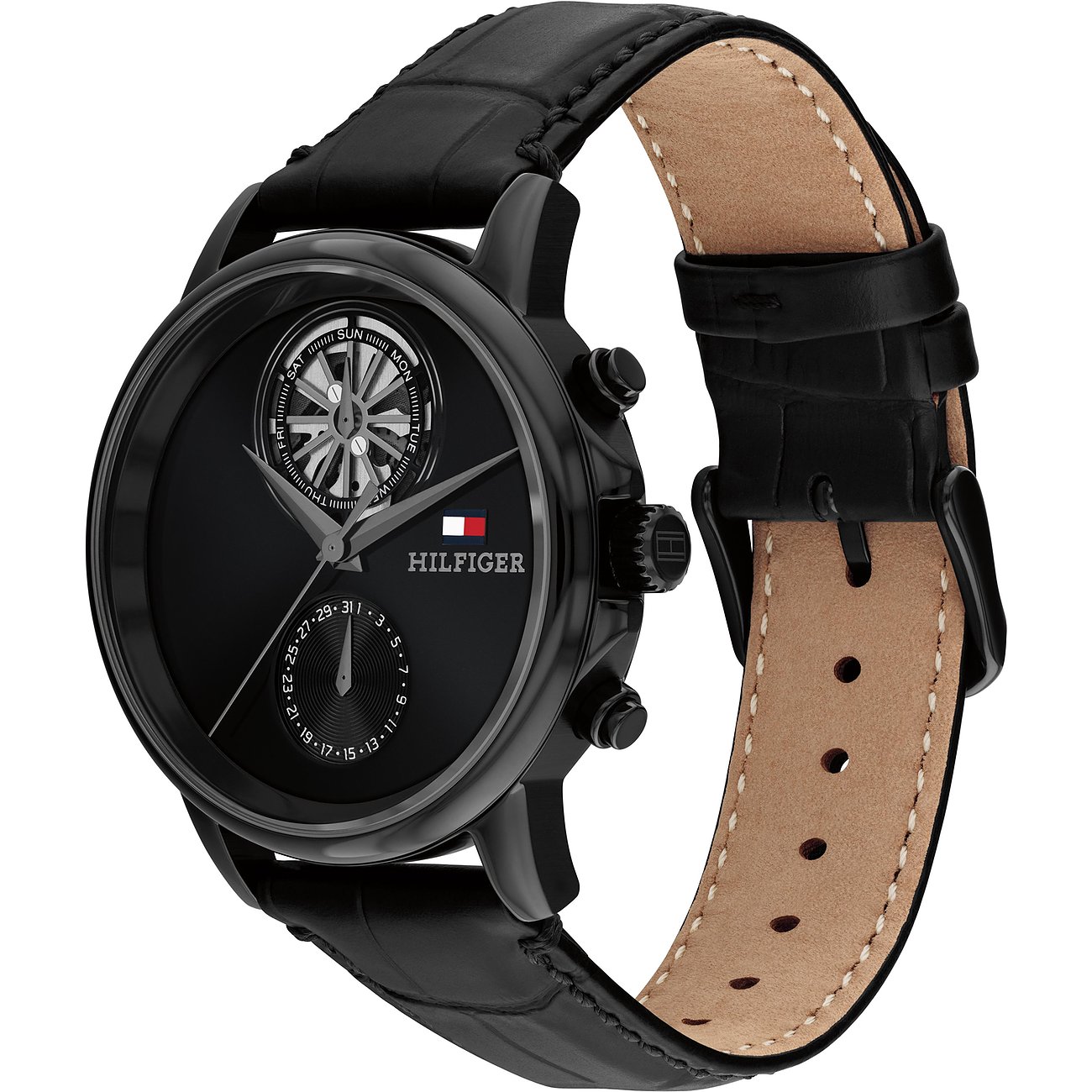 Tommy Hilfiger Herrenuhr aus blauem Edelstahl mit Zifferblatt, schwarzem Lederband und Ziernähten.