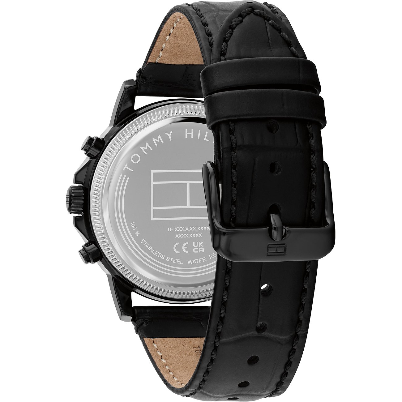 Rückseite einer Tommy Hilfiger Herrenuhr aus schwarzem Edelstahl mit graviertem Gehäuseboden und schwarzem Lederarmband.