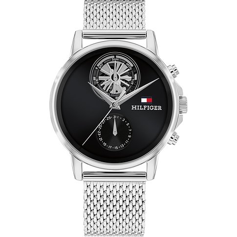 Eine Tommy Hilfiger Herrenuhr aus Edelstahl mit silbernem Mesh-Armband und schwarzem Zifferblatt.