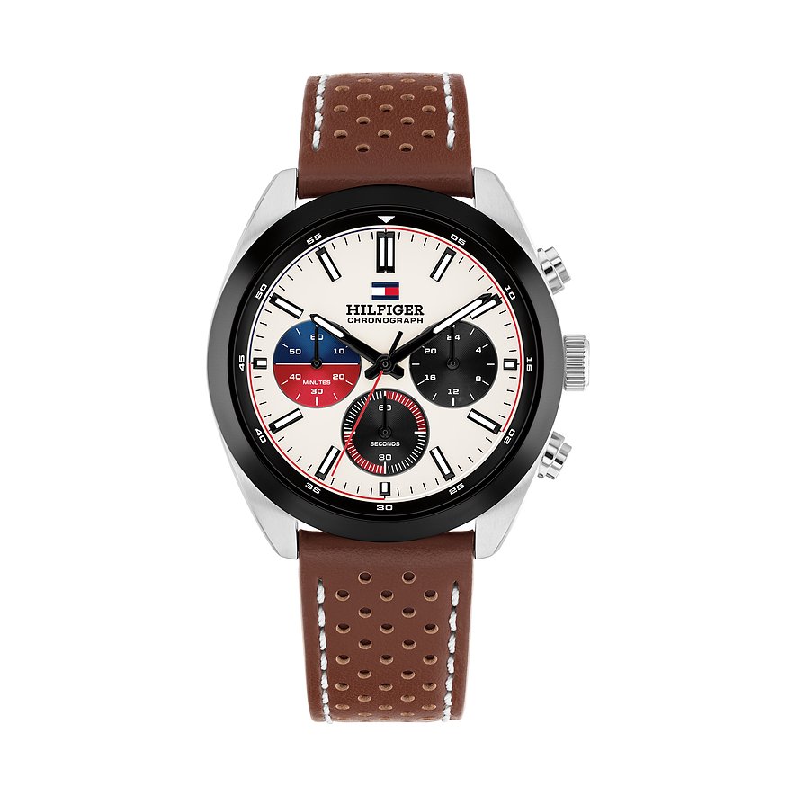 Tommy Hilfiger Herrenuhr: Chronograph aus Edelstahl mit weißem Zifferblatt, braunem Lederarmband und blauen/roten Akzenten.