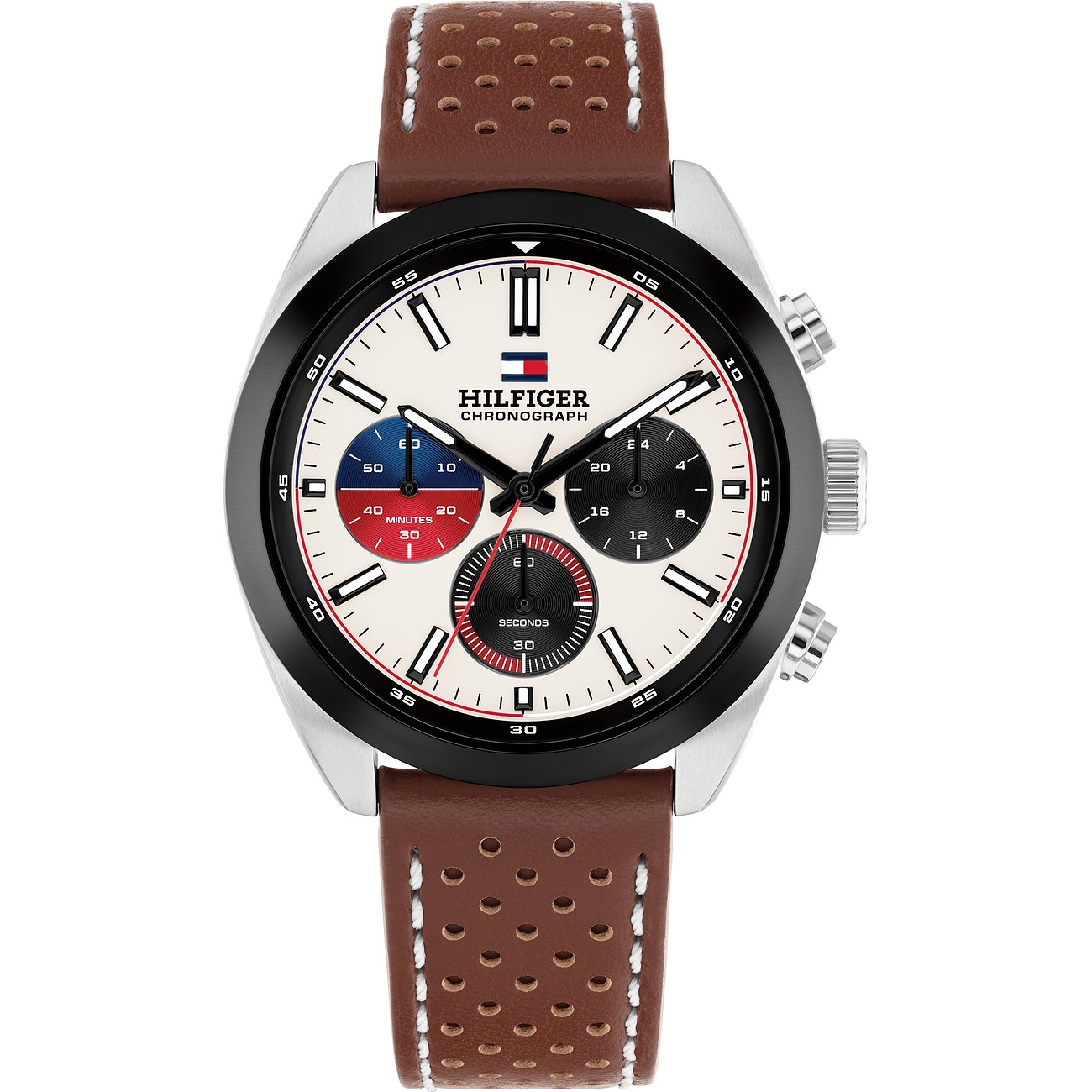Tommy Hilfiger Herrenuhr: Chronograph aus Edelstahl mit weißem Zifferblatt, braunem Lederarmband und blauen/roten Akzenten.