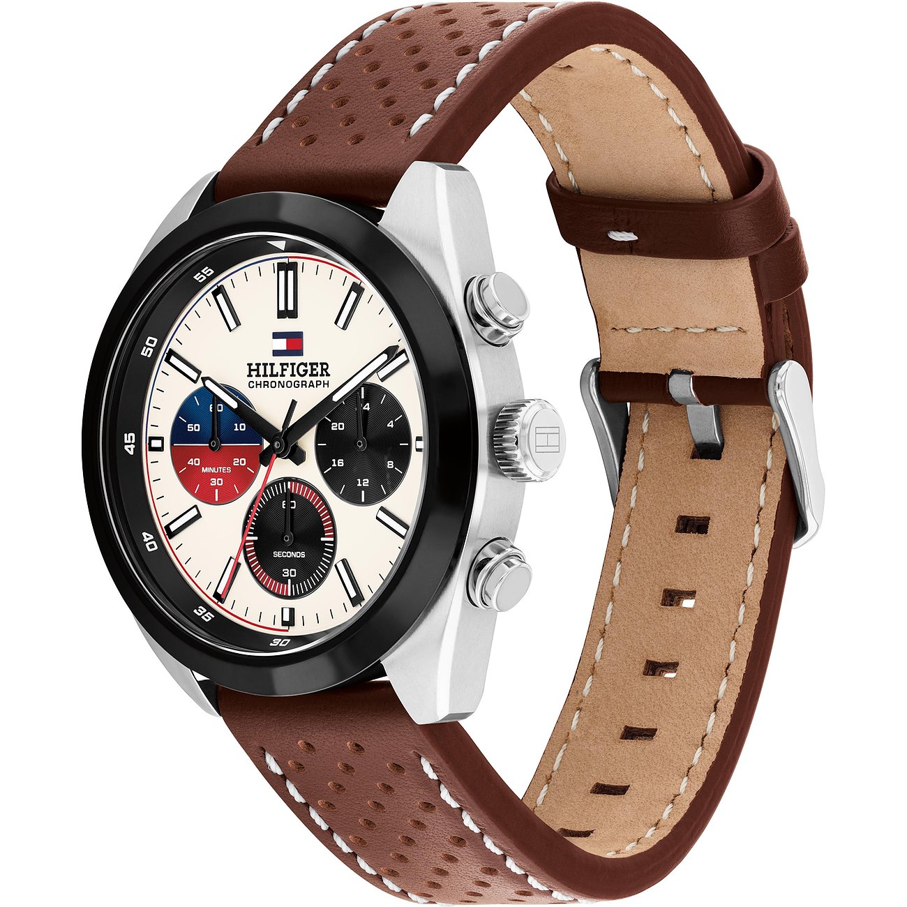 Tommy Hilfiger Herrenuhr mit braunem, gelochtem Lederarmband und schwarzem Zifferblattrahmen aus Edelstahl.