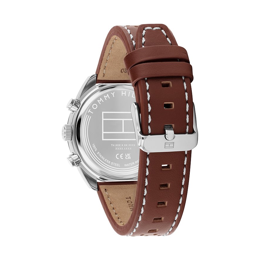 Rückansicht der Tommy Hilfiger Herrenuhr aus Edelstahl mit braunem Lederarmband und silberfarbener Schnalle.