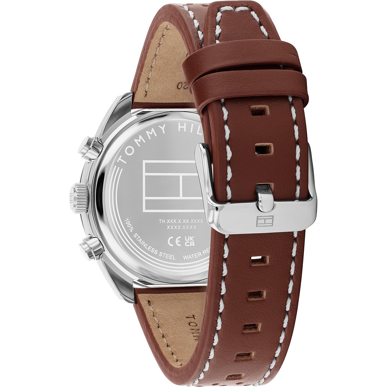 Rückansicht der Tommy Hilfiger Herrenuhr aus Edelstahl mit braunem Lederarmband und silberfarbener Schnalle.