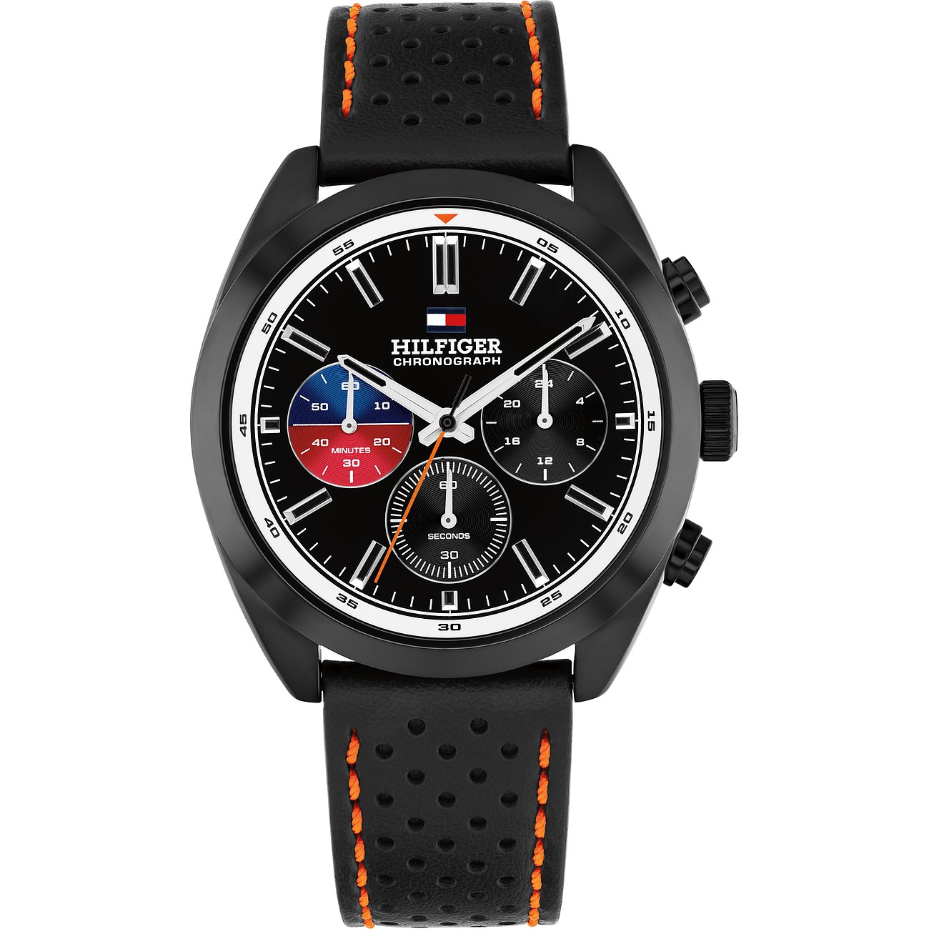 Tommy Hilfiger herenhorloge in zwart roestvrij staal met zwarte wijzerplaat en oranje stiksels op zwarte band.