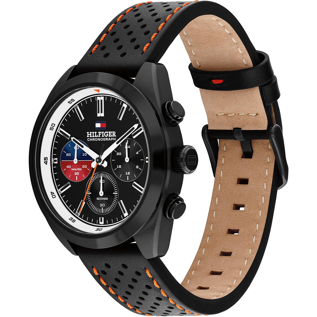 Het Tommy Hilfiger herenhorloge heeft een zwarte roestvrijstalen kast en een zwarte geperforeerde band met oranje stiksels.