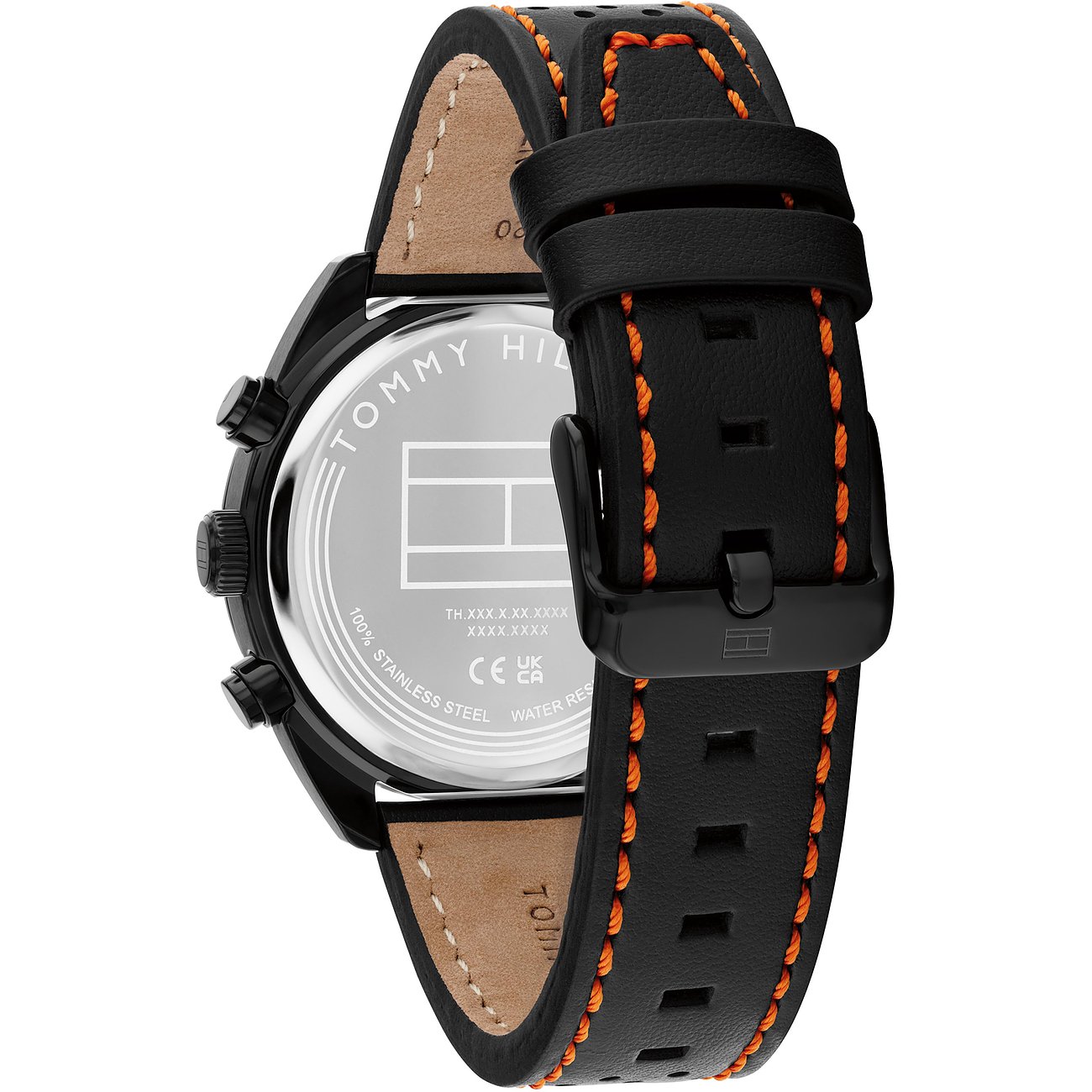 Achteraanzicht Tommy Hilfiger herenhorloge, roestvrij staal, met zwarte leren band en oranje stiksels.