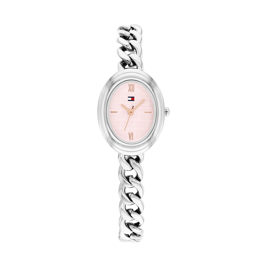 Tommy Hilfiger Damenuhr aus Edelstahl mit ovalem, rosafarbenem Zifferblatt und Gliederarmband in Draufsicht.
