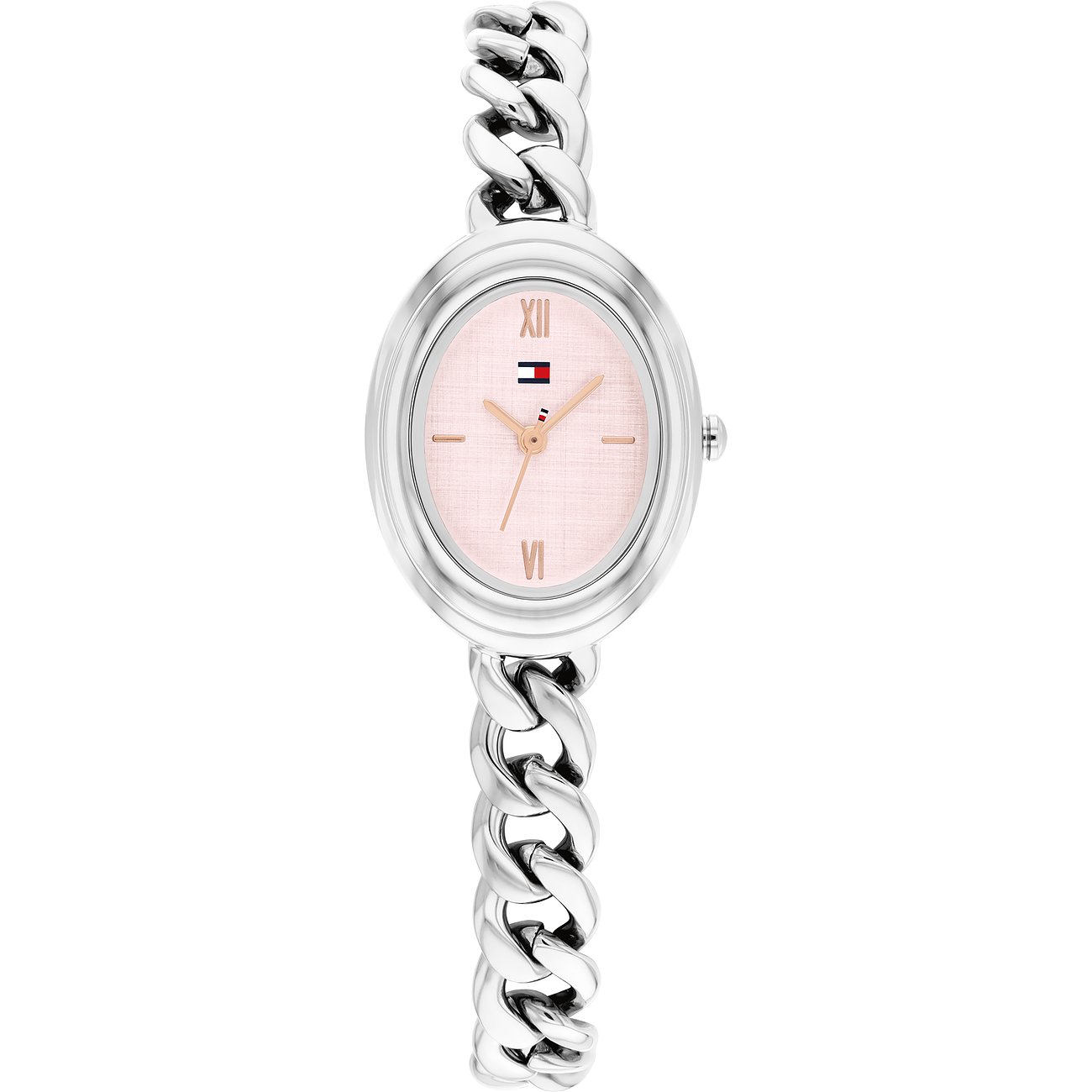 Tommy Hilfiger Damenuhr aus Edelstahl mit ovalem, rosafarbenem Zifferblatt und Gliederarmband in Draufsicht.