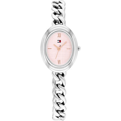 Tommy Hilfiger Damenuhr aus Edelstahl mit ovalem, rosafarbenem Zifferblatt und Gliederarmband in Draufsicht.