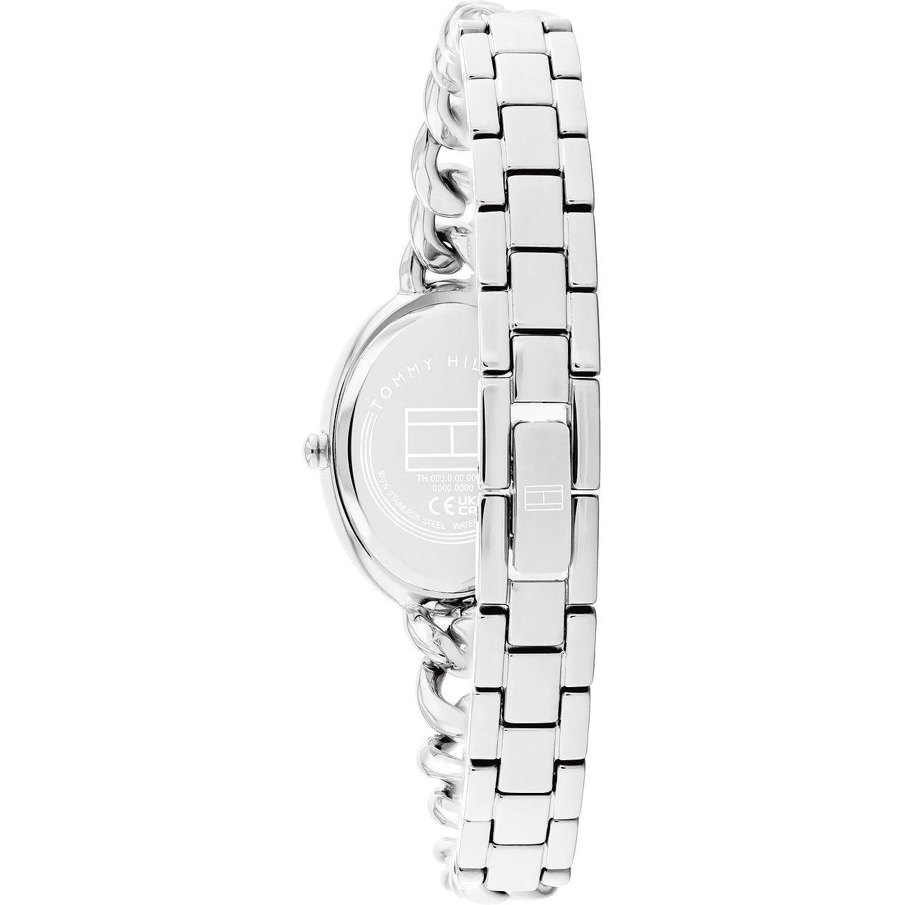 Rückansicht der silberfarbenen Tommy Hilfiger Damenuhr aus Edelstahl mit gravierter Gehäuse-Rückseite und Gliederarmband.