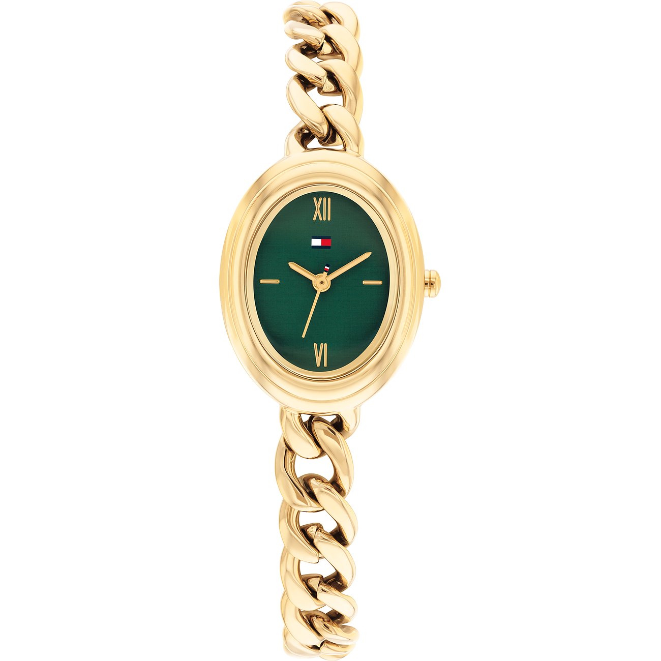 Tommy Hilfiger Damenuhr aus goldfarbenem Edelstahl mit ovalem, smaragdgrünem Zifferblatt und Gliederarmband.
