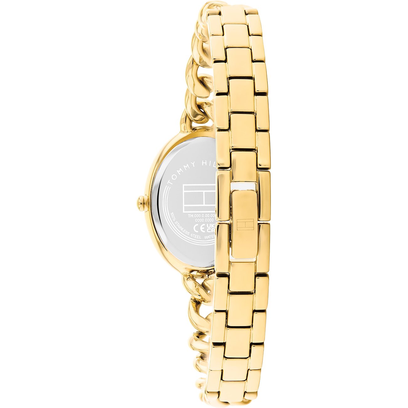 Rückseite einer goldenen Tommy Hilfiger Damenuhr aus poliertem Edelstahl auf weißem Hintergrund. Markenname und Logo eingraviert.