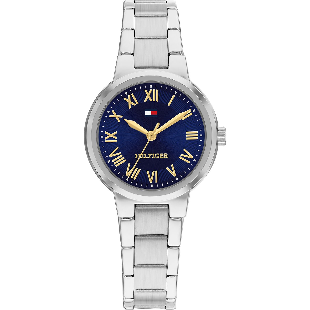 Tommy Hilfiger Damenuhr aus Edelstahl mit blauem Zifferblatt und goldenen Zeigern und Indizes.
