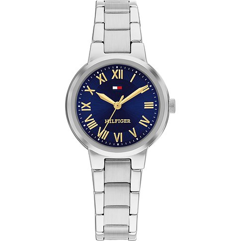 Tommy Hilfiger Damenuhr aus Edelstahl mit blauem Zifferblatt und goldenen Zeigern und Indizes.